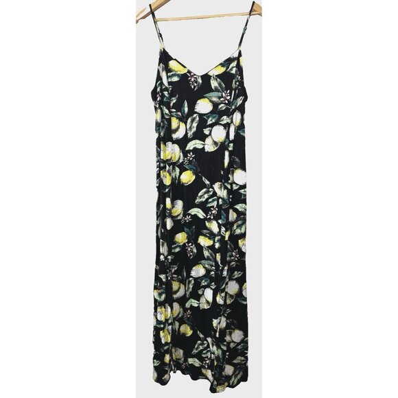 Xhilaration 0X Black Lemon Floral Maxi Dress Cottagecore Euro Summer Double Slit - Picture 1 of 6